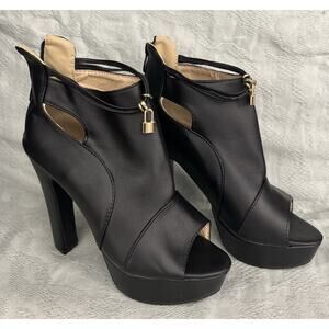 High Heel Black Booties Size 6.5/7 Peep Toe ,Zipper Back , Ankle Band W/lock
